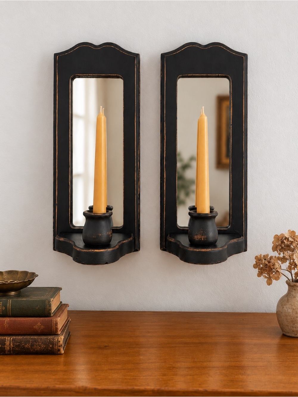 Pair Black Wood Mirrored Reflector Sconces Dark Academia Modern Heritage Gothic